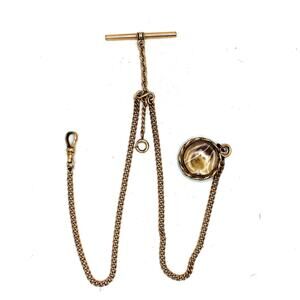 Simmons Antiq Rolled Gold Albert Pocket Watch Chain w/ Double Side Photo Pendant